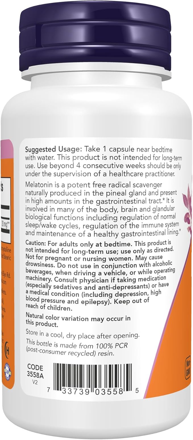 NOW Supplements, Maximum Strength Melatonin 20 90 Veg