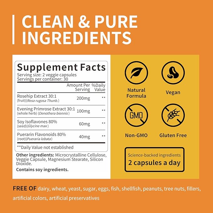 Women's 4-in-1 Natural Hormonal Balance & Skin Health Supplement - Rose Hip, Soy Isoflavones, Evening Primrose & Pueraria Mirifica Extract - 60 Gluten-Free Vegan Capsules - 2 Pack