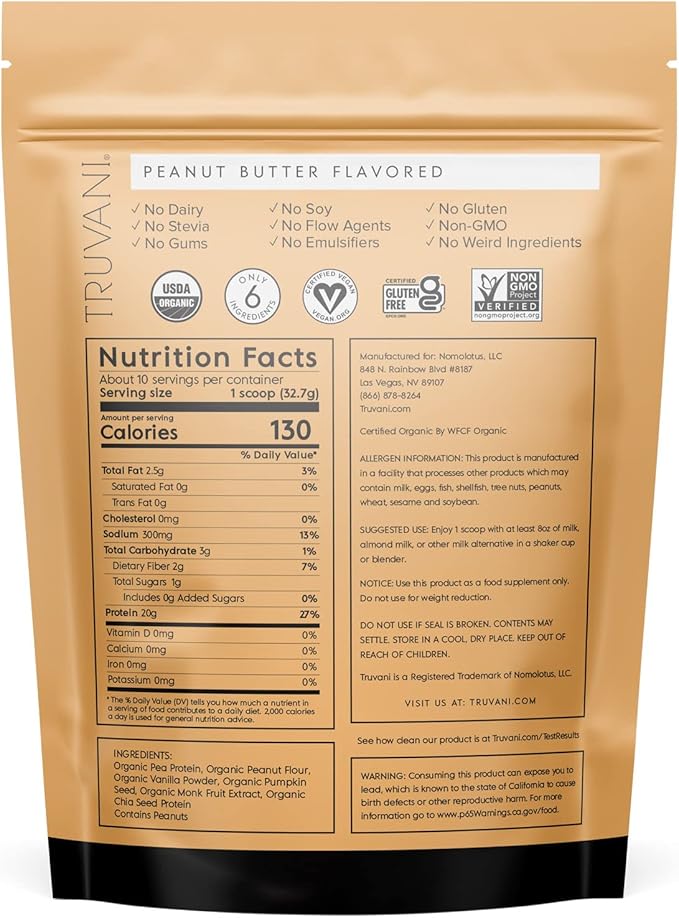 Truvani Vegan Pea Protein Powder 20g Organic 10 Servings