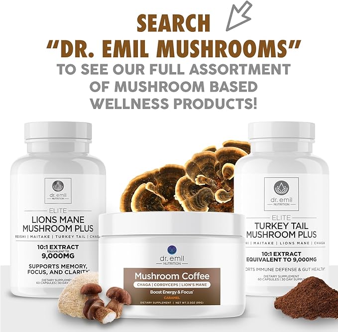 DR. EMIL NUTRITION Turkey Tail Mushroom Capsules - Turkey Tail Mushroom Supplement for Immunity & Gut Health - Elite Formula with Lion's Mane, Chaga, Reishi & Maitake