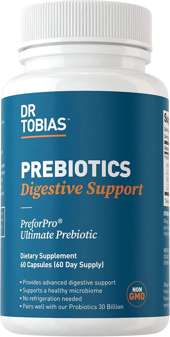 Dr. Tobias Prebiotics, Supports Digestion & Gut Health, Feed Good Probiotic Bacteria, Boost Gut Immune Function, Vegan & Non-GMO Gut Health Supplements for Men and Women, 60 Capsules, 60 Servings
