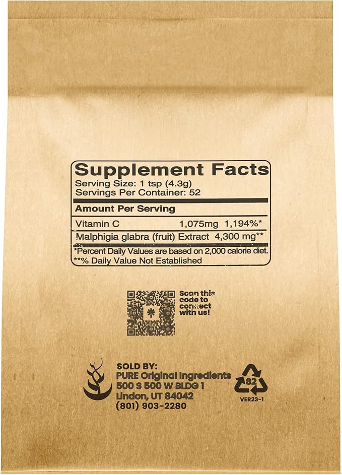 PURE ORIGINAL INGREDIENTS Acerola Cherry Powder 8oz Non-GMO,