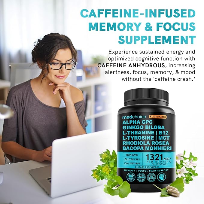 12-in-1 Nootropic Brain Supplement w/ Caffeine Anhydrous: Ginkgo Biloba for Brain Support, Memory & Focus - B12, Alpha GPC, L Theanine & Choline Supplements with Bioperine with 1321mg, 60ct (2 Pack)