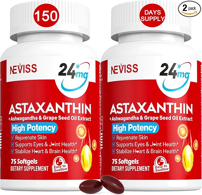 Astaxanthin Supplements 24mg, 5 Month Supply - Coconut MCT Oil, Fresh Microalgae Source w/Grape Seed Oil, Ashwagandha - Antioxidants for Healthy Skin, Eyes, Jints, Non-GMO & Gluten Free, 150 Softgels