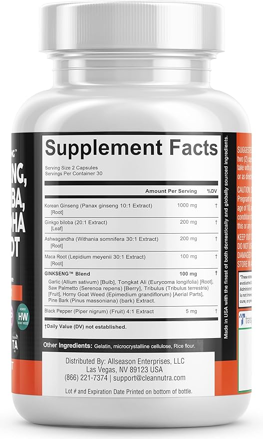 Clean Nutraceuticals Panax Ginseng 10000mg Ginkgo 4000mg Ashwagandha 3000mg - 60 Caps