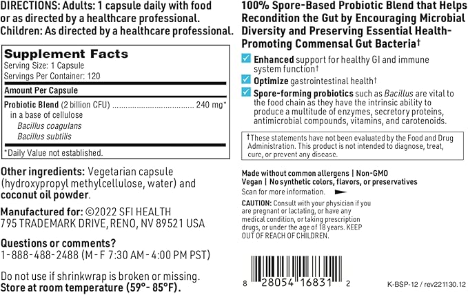 Klaire Labs Biospora Probiotic 2 Billion (120 Capsules)