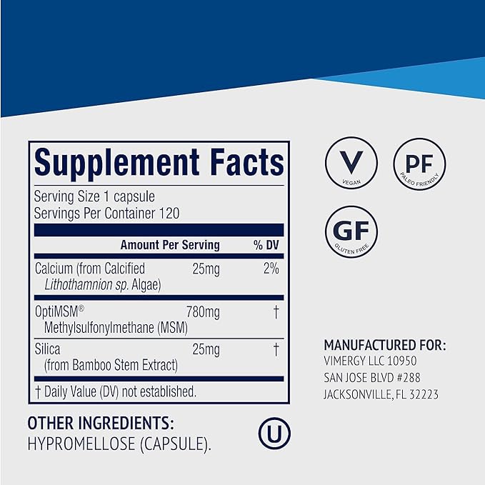 Vimergy MSM with Silica + Calcium Capsules, 120 Servings – Supports Bone Health – Promotes Hair & Nail Health – Non-GMO, Gluten-Free, Kosher, Soy-Free, Corn-Free, Vegan & Paleo Friendly