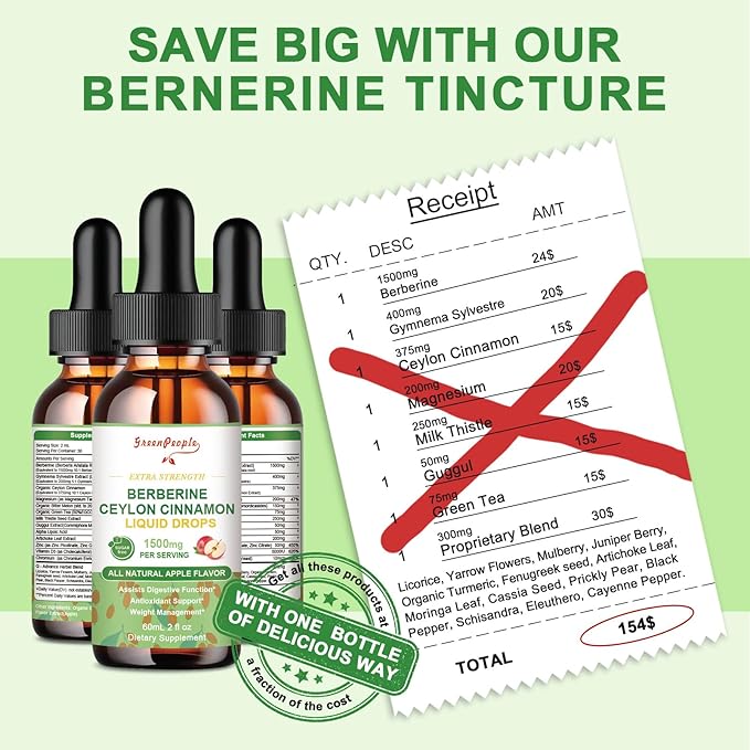 (2 Pack) Berberine Liquid Supplement 1500mg with 150mg, Zinc 4 fl