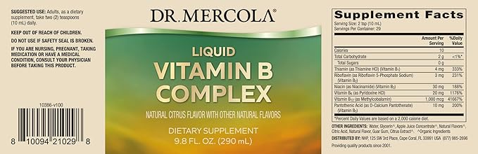 Dr. Mercola Vitamin B Complex Liquid, 9.8 Fl. (290 mL), 29 Servings,