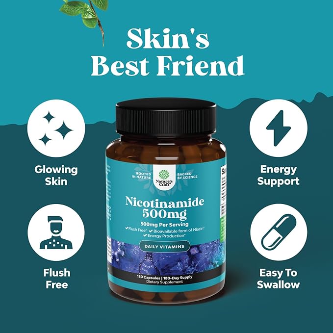 Vitamin B3 Niacinamide 500mg Capsules B3 Niacin 500mg Flush 500mg - 180 Count