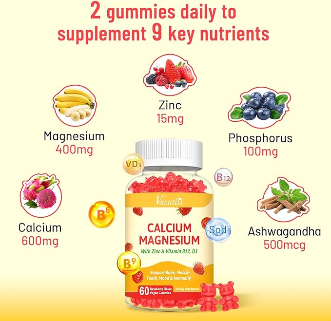 2 Pack Calcium Magnesium Zinc Gummies D3 & B12, Sugar