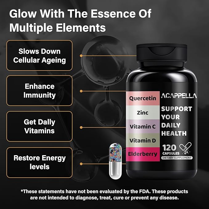 ACAPPELLA Quercetin, Zinc, Vitamin C, Vitamin D3, Elderberry Capsule - Boosters for Adults with Turmeric, Ginger Root, Nettle, Reishi Mushroom, L-Lysine Hydrochloride, Bromelain (1)