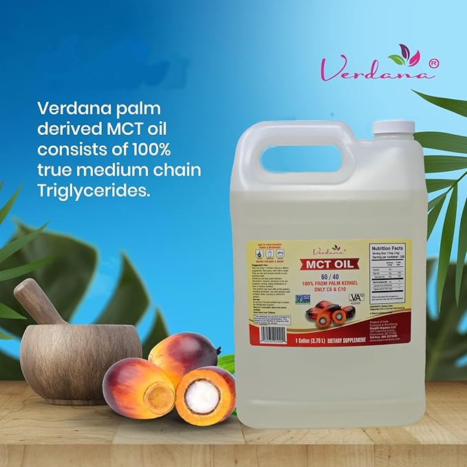 Verdana MCT Oil – Palm Kernel Derived – Kosher Food Grade – Vegan – NON GMO– Used for Keto, Paleo, Sports Nutrition, Aromatherapy, Massage, Ayurvedic Oil Pulling Oral Rinse Mouthwash – (1 Gallon)