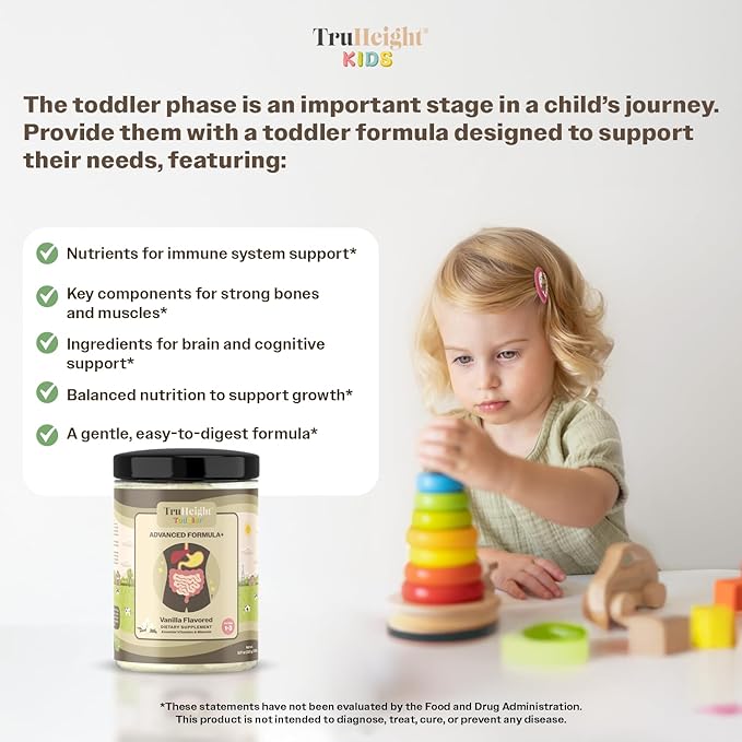 TruHeight Toddler Advanced Formula+ (Vanilla) 16 Vitamins Including C, D, Protein & Iron for 1, 2, 3 Years Old, Pediatric Endorsed Nutritional Drink, Toddler Complete Nutrition 12-36 Months