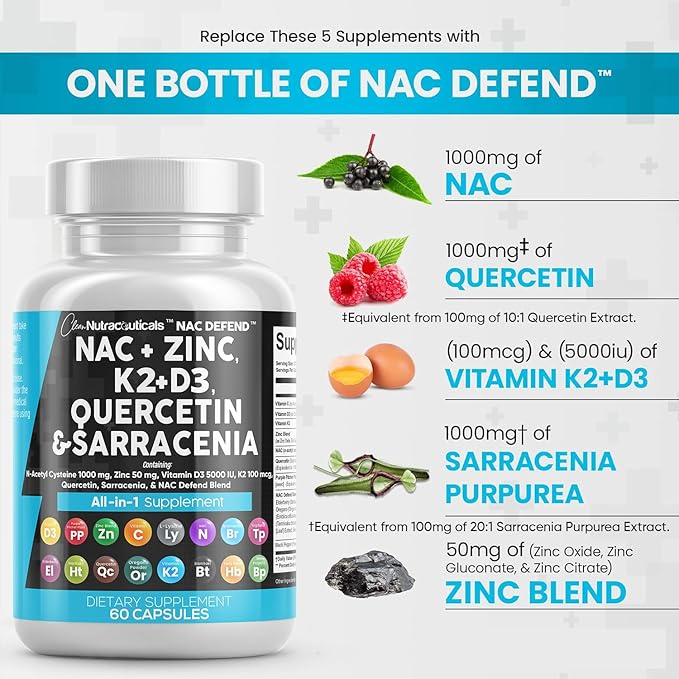 Clean Nutraceuticals NAC Supplement N-Acetyl Cysteine 1000mg Vitamin D3 K2 K2 Zinc 1000mg Sarracenia 1000mg with 60 Count