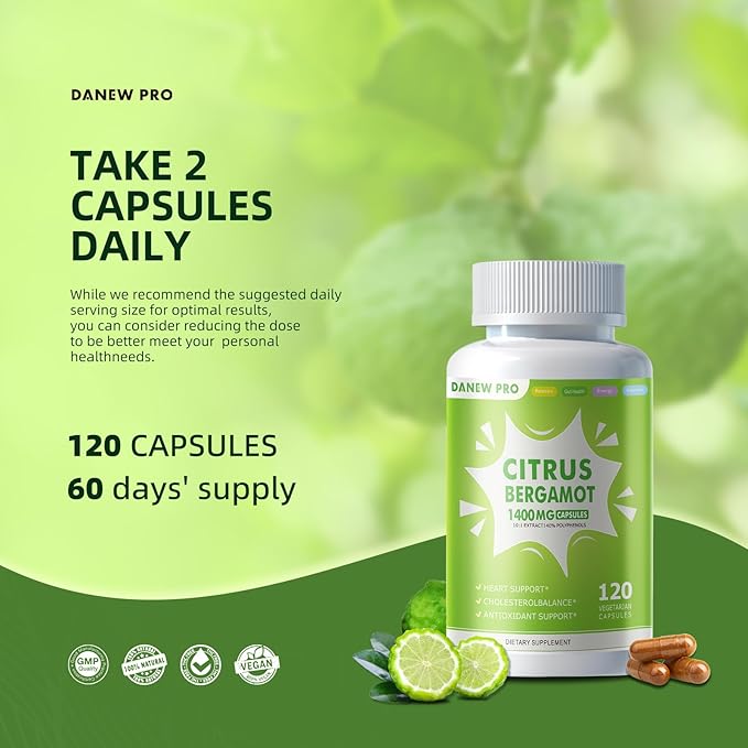 Organic Citrus Bergamot 1400mg, 120 Capsules -Citrus Bergamia - Essential Oil and Citrus Bioflavonoids - Natural Heart Health Supplements for Women and Men - Non-GMO Pills