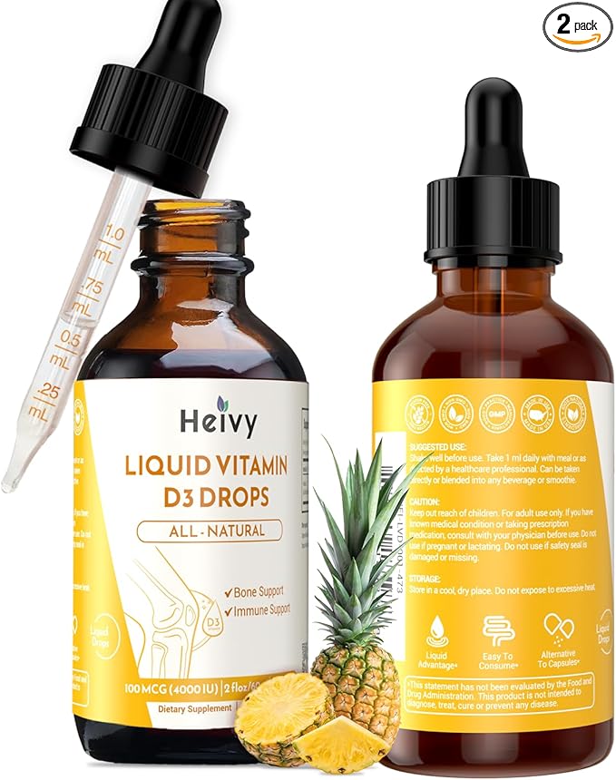 Liquid Vitamin D Drops, Pineapple Flavour Vitamin D3 100 mcg (4000 IU) Per Serving, Bone & Immune Support, Vegan, Gluten-Free, Non-GMO, 2 Fl Oz/60ml (Pack of 2)