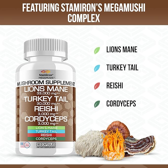 Stamiron Lions Mane Supplement Turkey Tail Mushroom Capsules with Cordyceps Extract & Reishi Mushrooms - Alt to Mushroom Gummies, Mushroom Powder, Mushroom Coffee - 90 Count