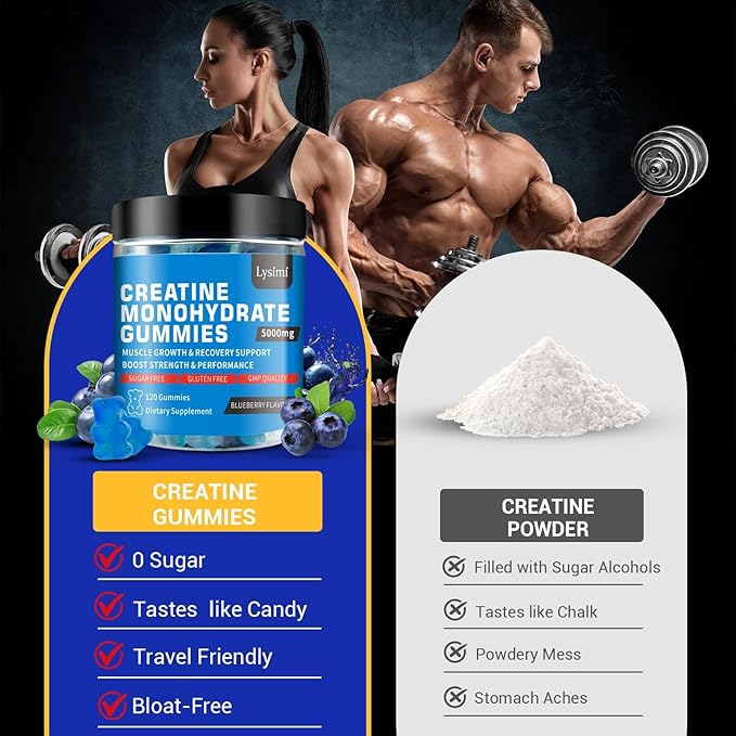 Creatine Monohydrate Gummies 5000mg for Men & Women, Creatine Monohydrate for Muscle Strength, Muscle Builder, Energy Boost, Pre-Workout Supplement, Blueberry Flavor, 120Count