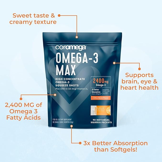 Coromega MAX High Concentrate Omega 3 2400mg Omega-3s Omega-3s with 3X Better 90 Single