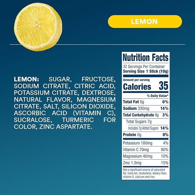 DripDrop Hydration - Lemon - Electrolyte Drink Mix Single Serve Hydration Powder Packets | Non-GMO, Gluten Free, Vegan | 32 Sticks