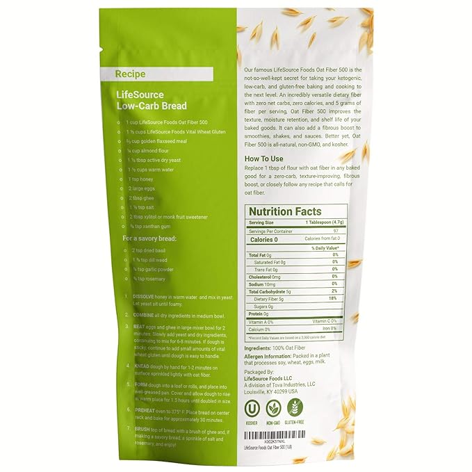 LifeSource Foods Oat Fiber 500 (1 LB) Keto, Zero-Carb, Gluten-Free, All-Natural Fiber for Low-Carb Baking and Bread, OU Kosher, Resealable Pouch