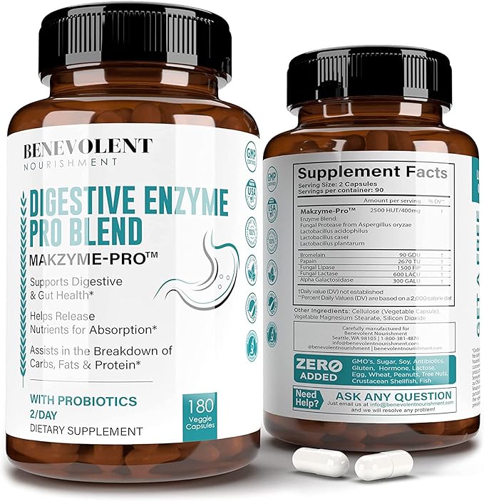 High Fiber Digestive Enzymes Supplement 180 Capsules, 2500HUT Makzyme-Pro