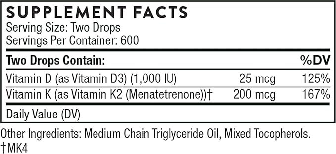 THORNE - Vitamin D + K2 Liquid with a metered Dispenser - Vitamins D3 and K2 to Support Healthy Bones and Muscles* - 1 Fl Oz (30 ml) - 600 Servings
