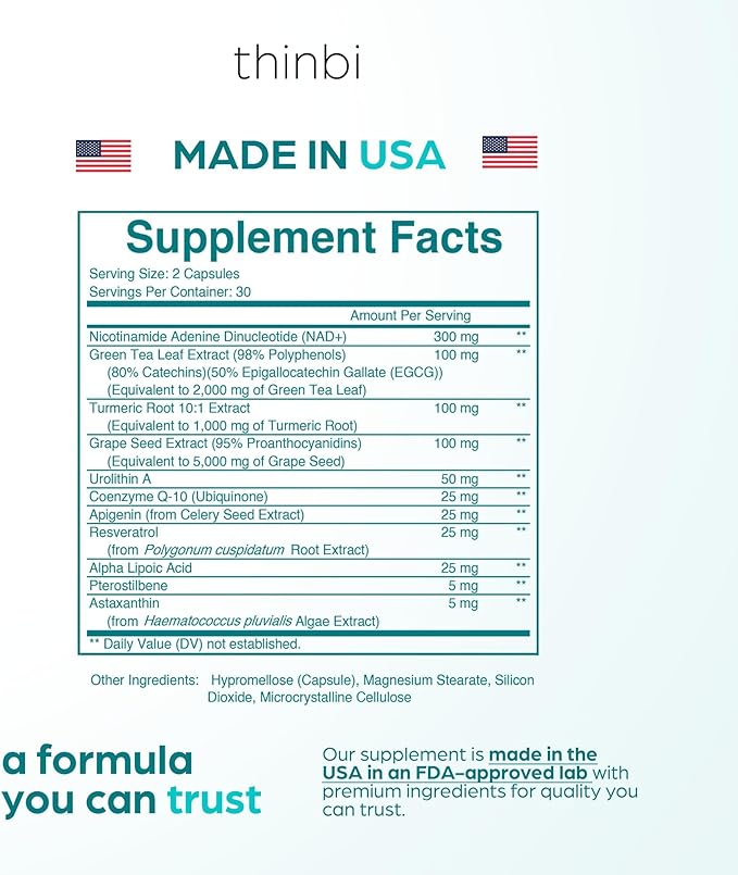 NAD Supplement 8457mg – Extra Strength NMN Alternative Liposomal NAD+ for Women & Men w/ Urolithin A, Resveratrol, CoQ10, Alpha Lipoic Acid – Energy, Anti-Aging, Cell Regeneration 30-Day Supply Thinbi