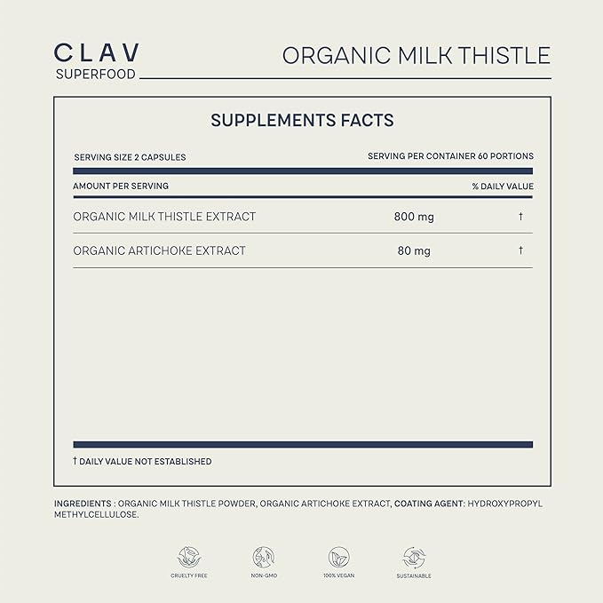 CLAV Organic Milk Thistle & Artichoke 120 Capsules (60 Days