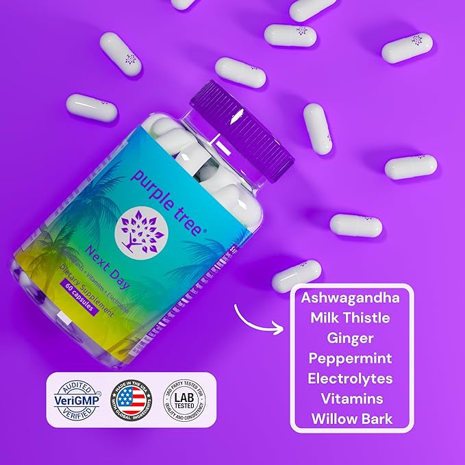 purple tree Next Day, Post-Celebration Wellness - Take Tomorrow | Replenish & Feel Your Best | Ashwagandha, Ginger, Peppermint, Milk Thistle, Electrolytes, Vitamins, 90 Pills
