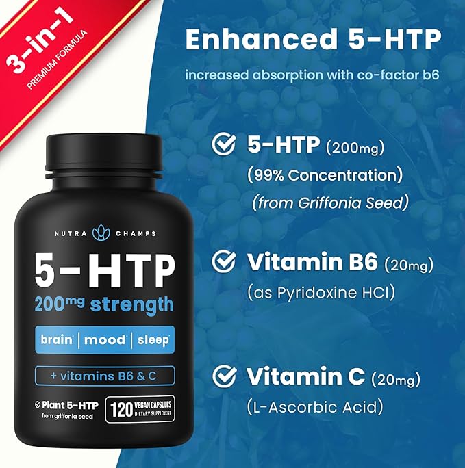NutraChamps 5-HTP 200mg 120 Vegan 5 HTP 5HTP 100mg 100mg Pills B6 &