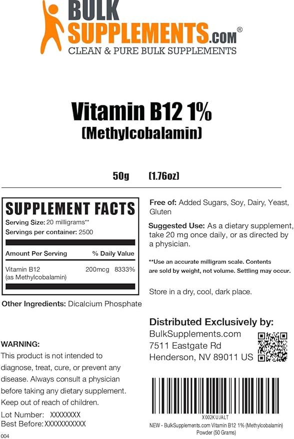 BulkSupplements.com Vitamin B12 Methylcobalamin Powder 1% B12 B12 Methylcobalamin, B12 Supplement, 20mg per 50g (1.8 (1.8 oz) 1)