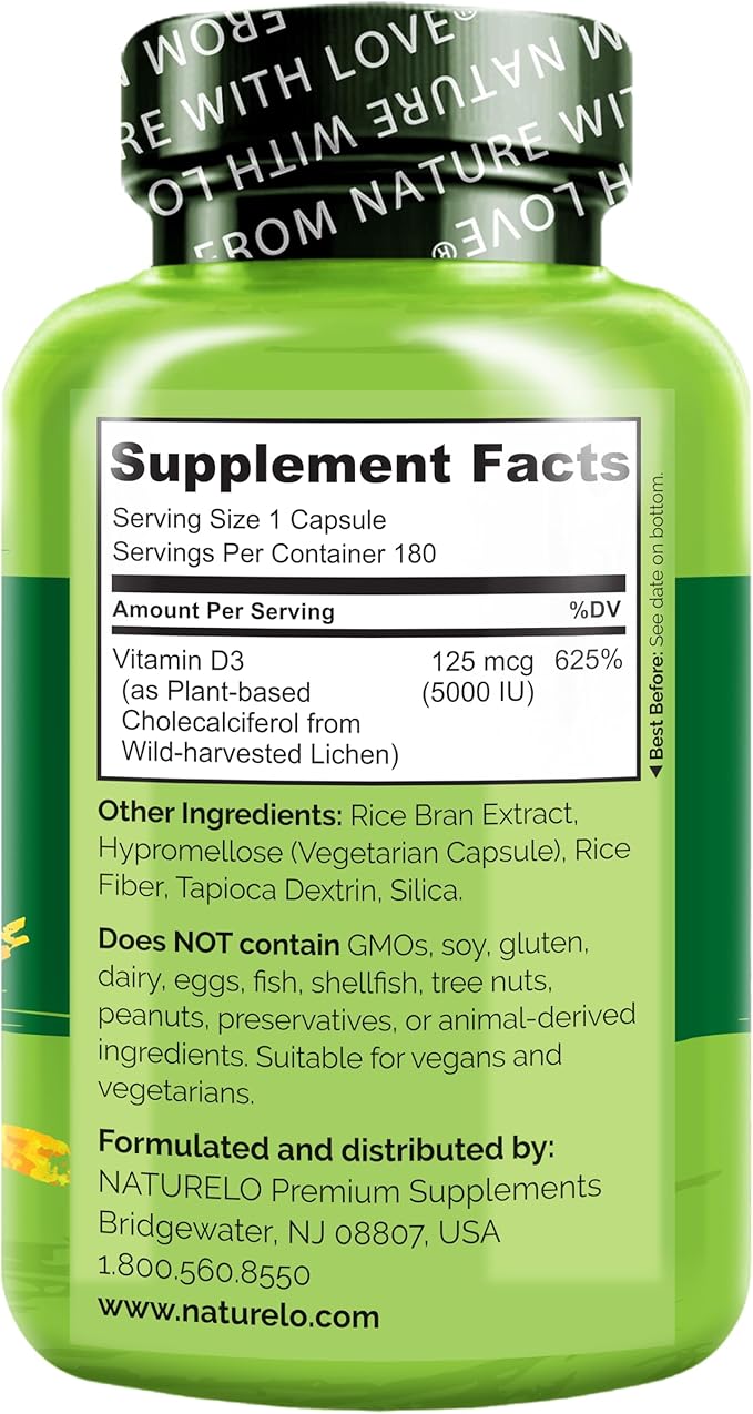 NATURELO Vitamin D 5000 IU D3 Supplement 180 Capsules