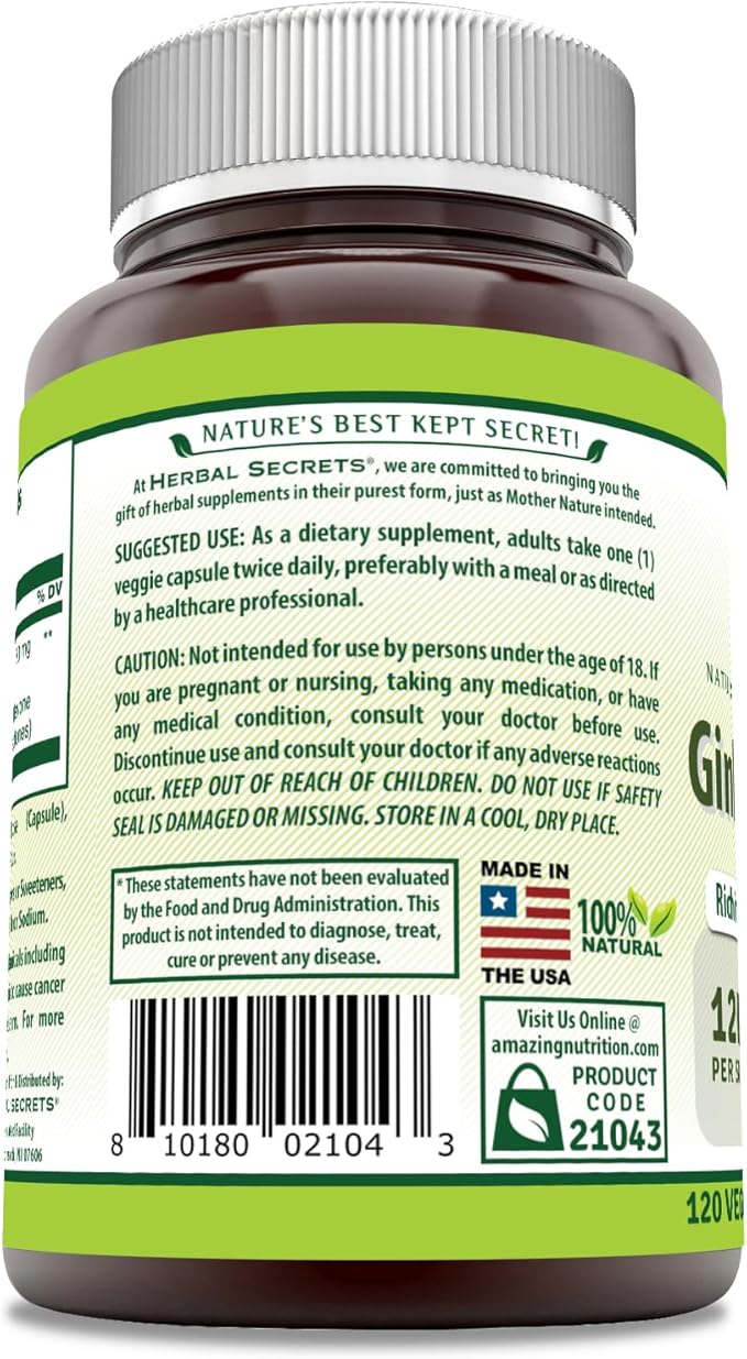 Herbal Secrets Ginkgo Biloba Supplement 120mg 120 Capsules 24% Ginkgo