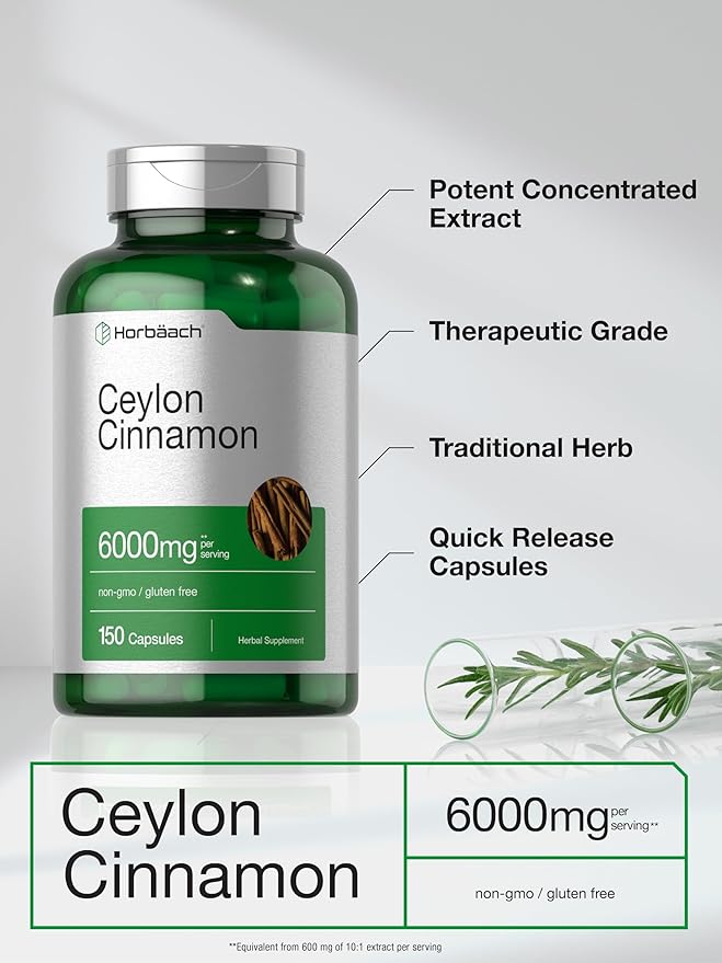 Horbaach Ceylon Cinnamon Capsules | 6000 mg | 150 Count | Non-GMO & Gluten Free Supplement
