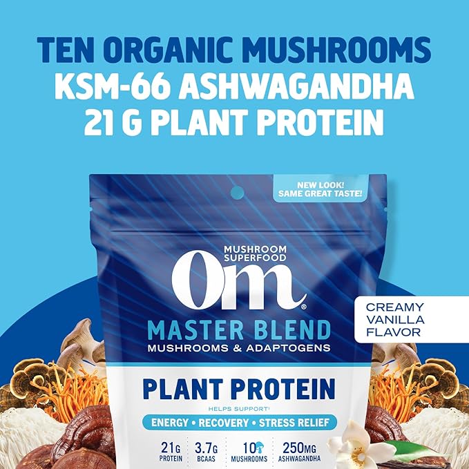 OM MUSHROOM SUPERFOOD Master Blend Plant-Based Protein Powder, 18.27 Ounce, 16 Servings, Creamy Vanilla Protein with 10 Mushroom Complex, Lions Mane, Adaptogens for Optimal Health and Recovery