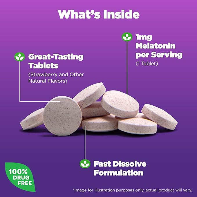 Natrol Melatonin 1mg, Strawberry-Flavored Dietary Supplement 200 Fast-Dissolve 200 Day
