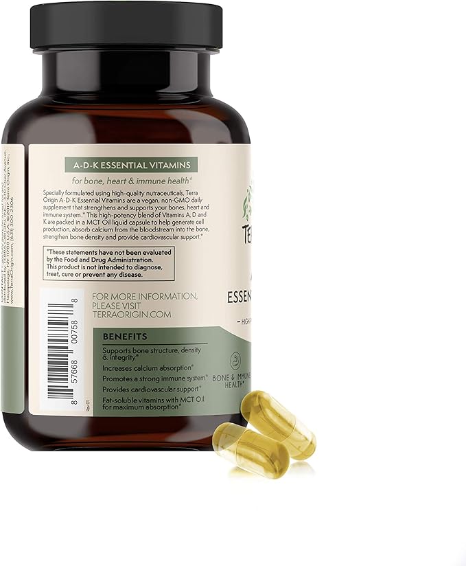 TERRA ORIGIN ADK Essential Vitamins - 60 High Potency Liquid Capsules, Vegan, Non-GMO, Gluten Free, Made in The USA.