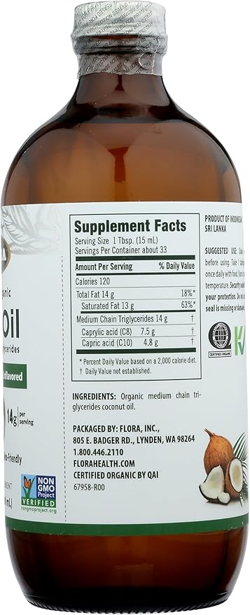 Flora Health MCT Oil Organic Energy Boost, C8 Caprylic & C10 Capric Acids, Keto, Kosher, Non-GMO Verified, 100% from Ethically and Sustainably Sourced Coconuts, 17 Fl Oz Liquid, Glass Bottle