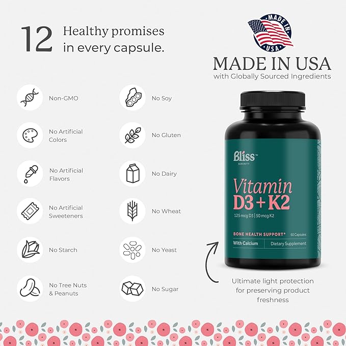 Vitamin D3 K2 D3 5000 5000 IU K2 as MK-7, Calcium, 60 Vegcaps, 60 Day