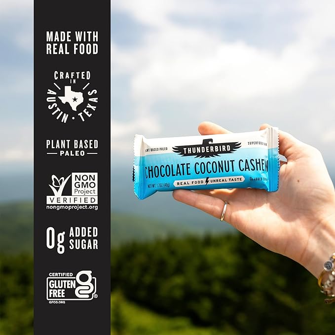 Thunderbird Bars Energy Snack, Gluten-Free Healthy Protein, Real Food, Vegan Paleo, No Added Sugar, Chocolate Coconut Cashew (6 Count, 1.7 oz. Bars)