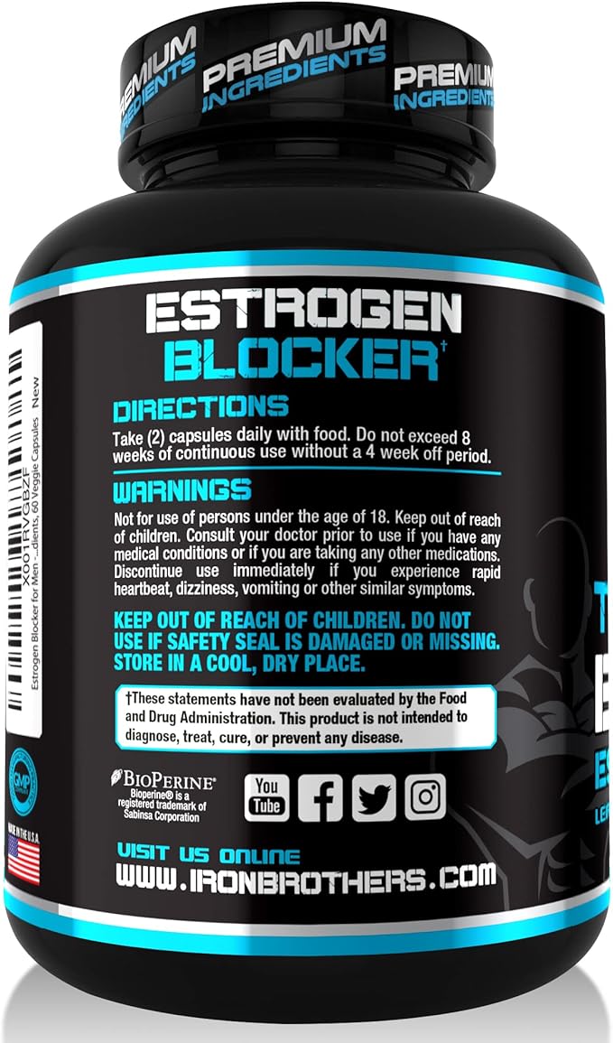 Iron Brothers Supplements Testosterone Booster for Men with Estrogen Blocker - Anti-Estrogen Dietary Supplements - Grape Seed & Tribulus Terrestris – Pack of 60 Capsules – Muscle Growth Boost - 30 day