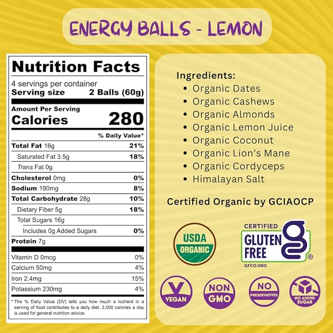 ODD BALLS Organic Energy Balls Lemon - Superfood Mushroom Snack - Running, Cycling, Hiking - Gels, Bars Alternative - Lion's Mane Focus, Cordyceps Energy - Vegan, Gluten Free Snacks for Kids & Adults