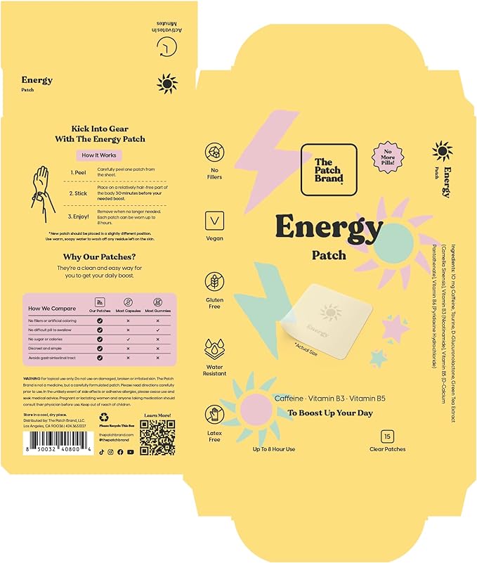 The Patch Brand Energy Patches | Supports Energy with Caffeine and B5 and B3 | All Natural Vitamins & Mineral Patch Plant Based and Cruelty Free Water Resistant Patches That Last All Day
