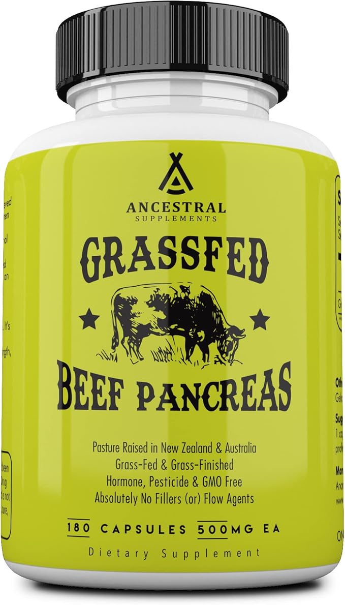 Ancestral Supplements Grass Fed Beef Pancreas 500mg, Pancreatic 180 Capsules