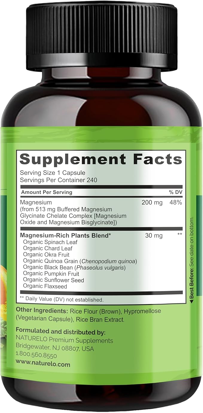 NATURELO Magnesium Glycinate Supplement 200 mg 240 Capsules