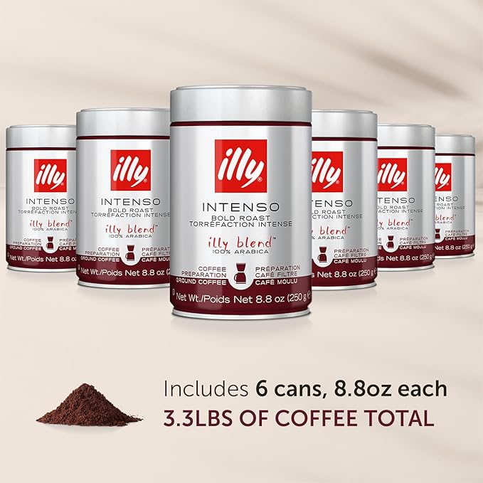 illy Drip Coffee - Ground Coffee - 100% Arabica Ground Coffee – Intenso Dark Roast - Warm Notes of Cocoa & Dried Fruit - No Preservatives – Full-Bodied – 8.8 Ounce, 6 Pack