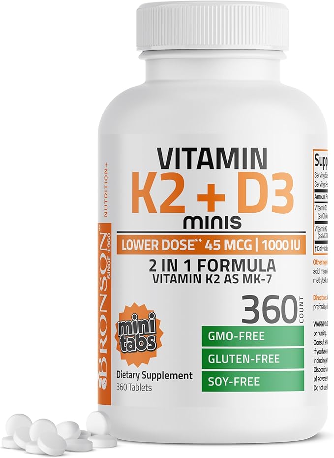 Bronson Vitamin K2 (MK7) with D3 Lower Dose 45mcg Vitamin K2 & 1000 IU Vitamin D3 Easy to Swallow Daily Maintenance 2 in 1 Formula Non-GMO, 360 Mini Tablets