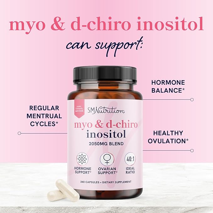 Myo-Inositol & D-Chiro Inositol for Hormone Balance for Women | Ideal 40:1 Ratio | Menstrual Cycle and Ovarian Health Support Supplement | Myo 2000mg & D Chiro 50mg with Vitamin B8 | 240 Count